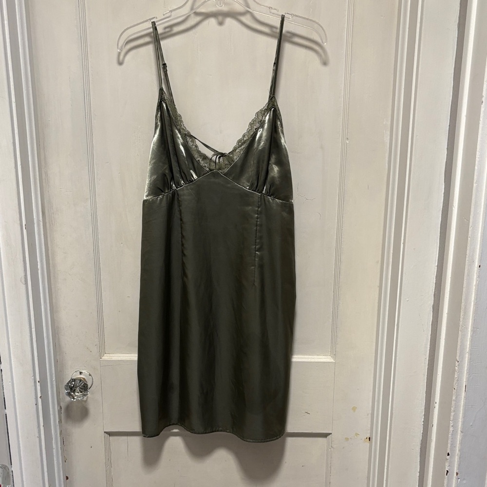 Elegant Olive Hunter Green Satin Slip Satin Mini Dress with Lace Medium